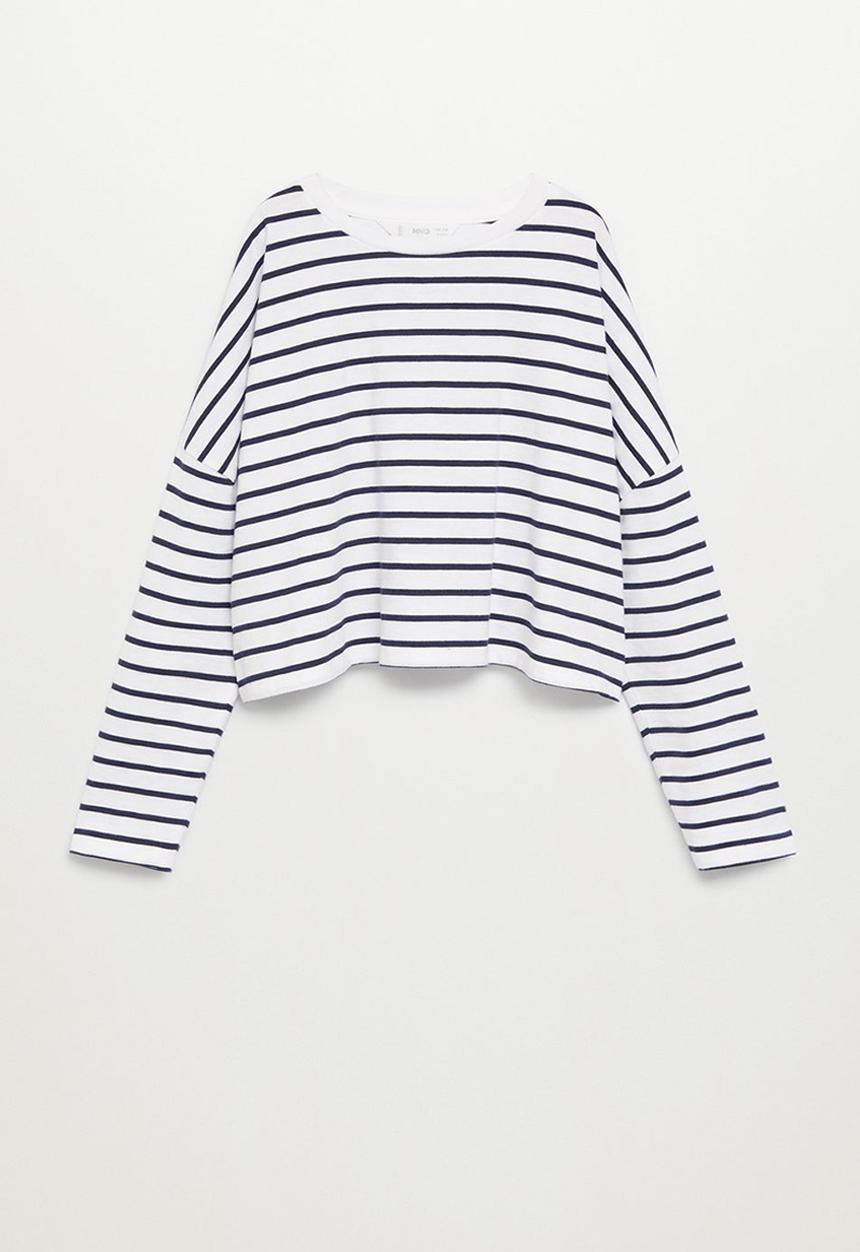MANGO - Stripes long sleeve crop top - white & navy 