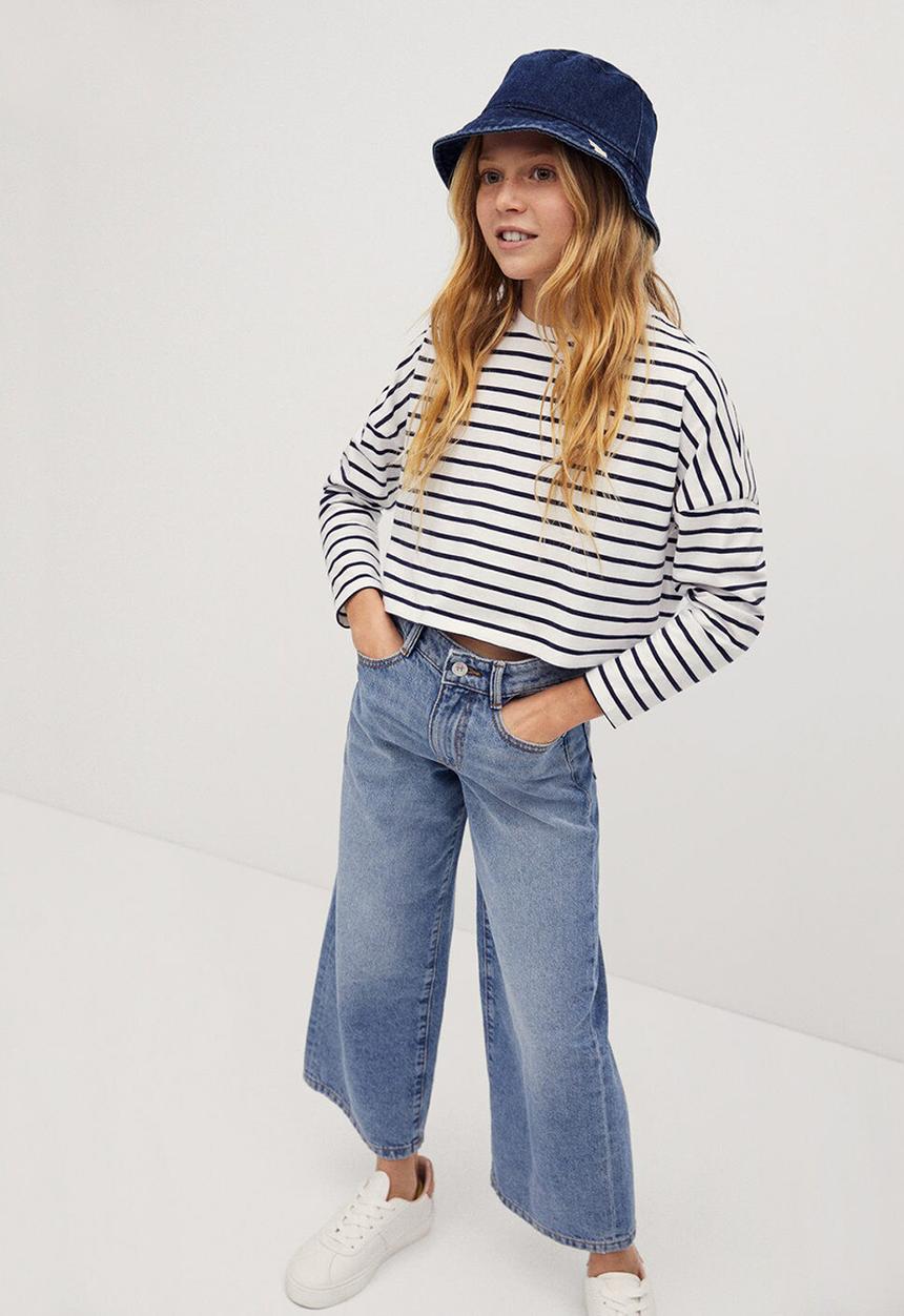 MANGO - Stripes long sleeve crop top - white & navy 