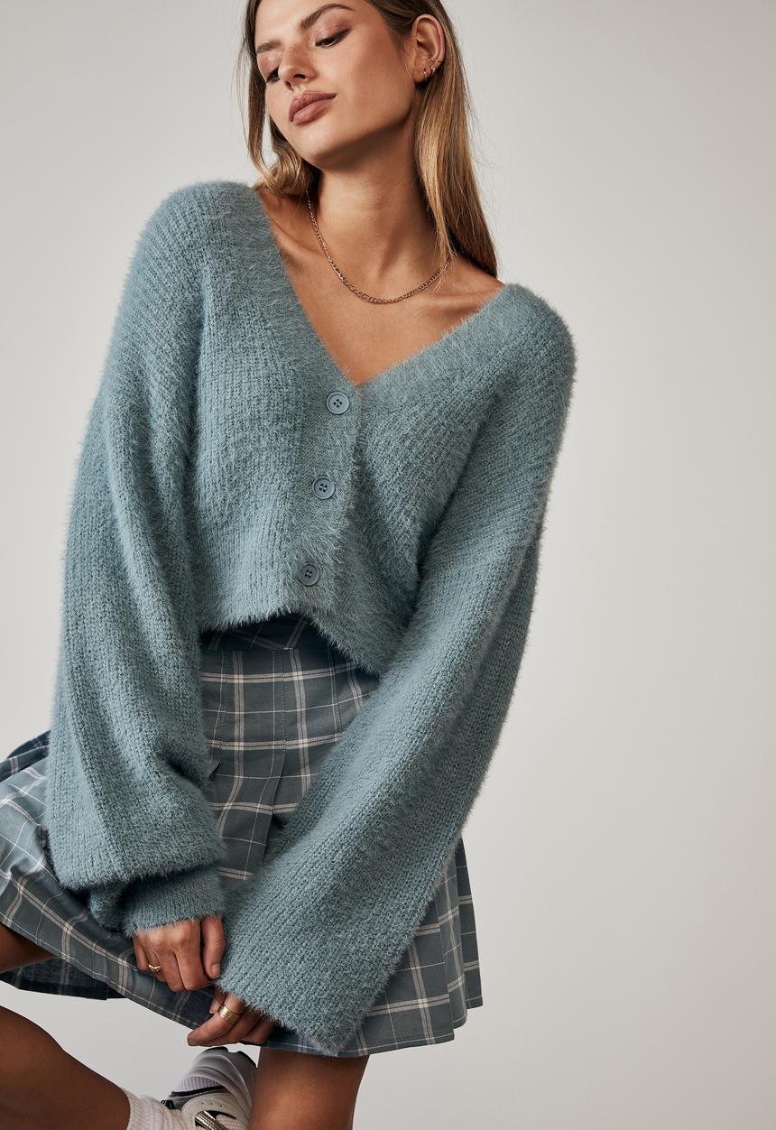 Factorie - Fluffy knit boxy crop cardi - petrol blue