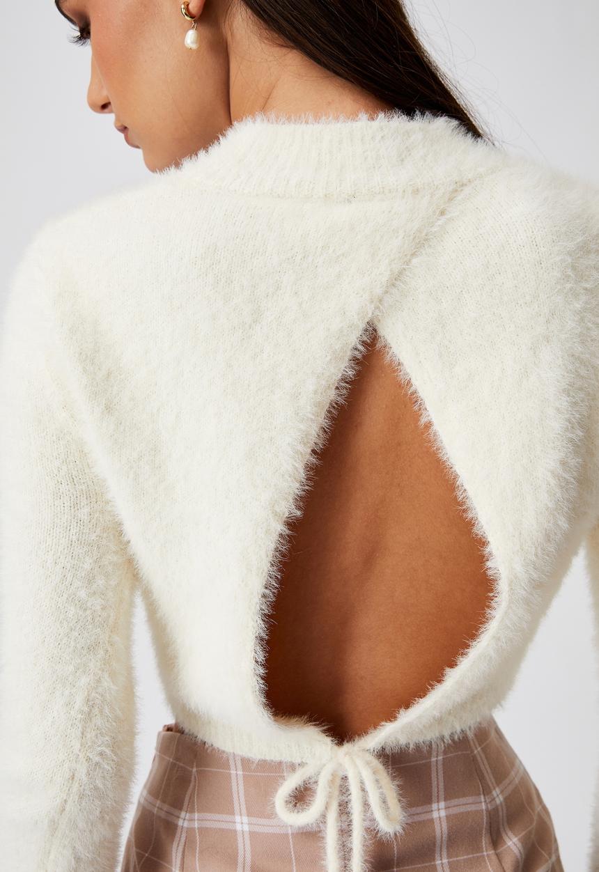 Factorie - Fluffy knit tie back top - ivory