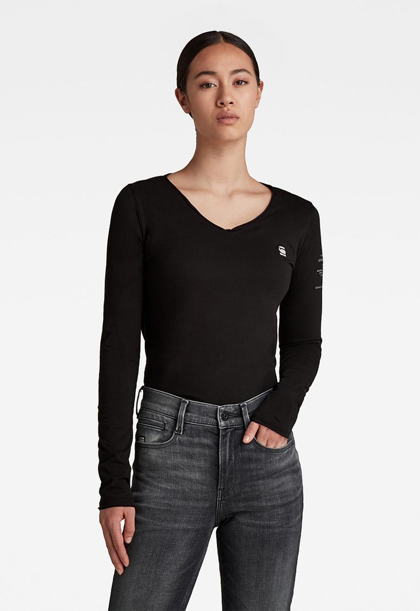 G-STAR - Rolled edge v-neck long sleeve c - black