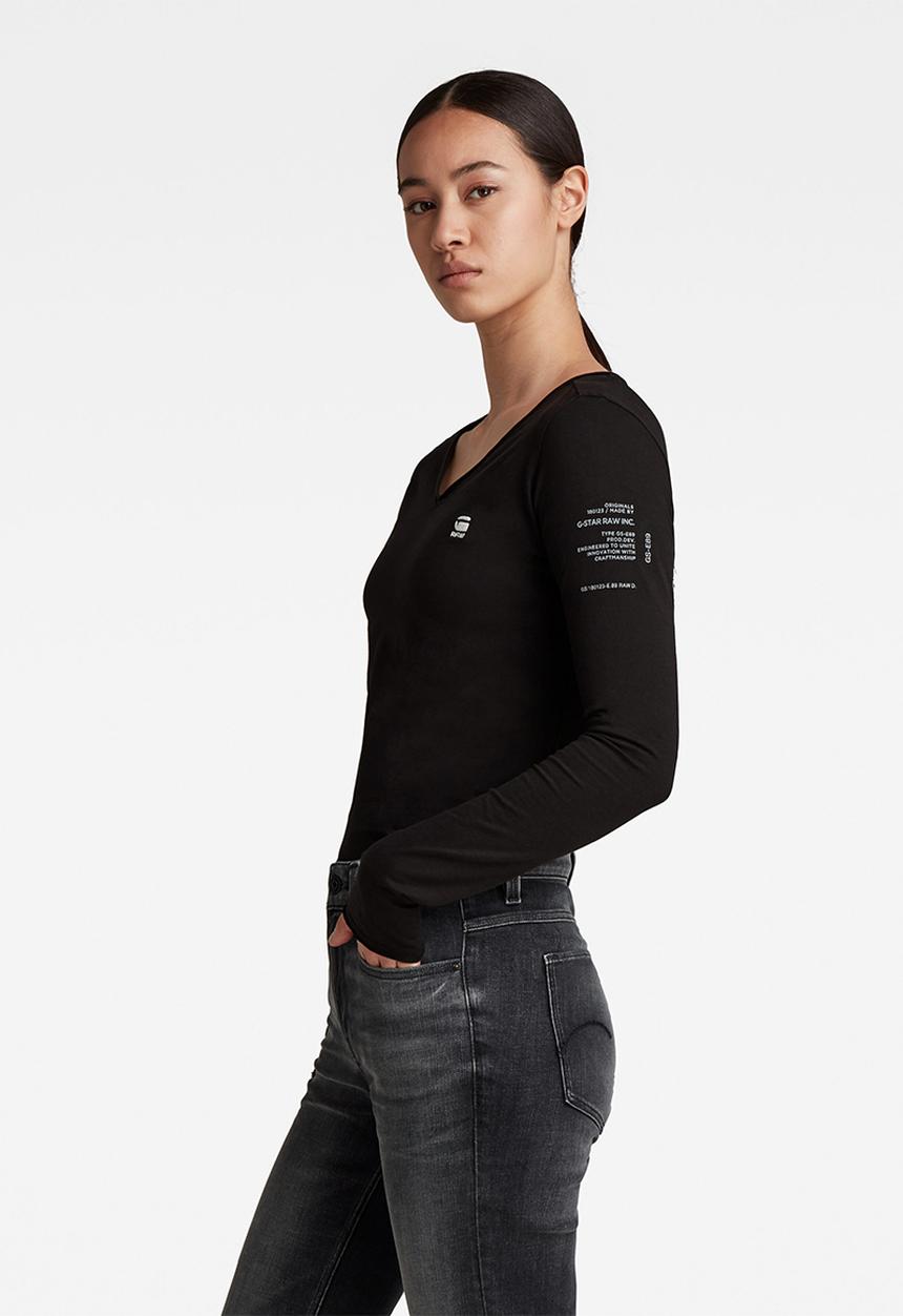 G-STAR - Rolled edge v-neck long sleeve c - black
