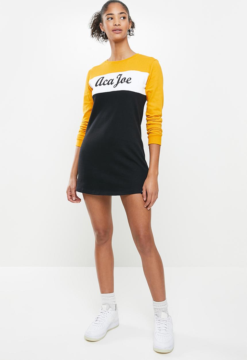 Aca Joe - Colourblock crew terry dress - mustard & black