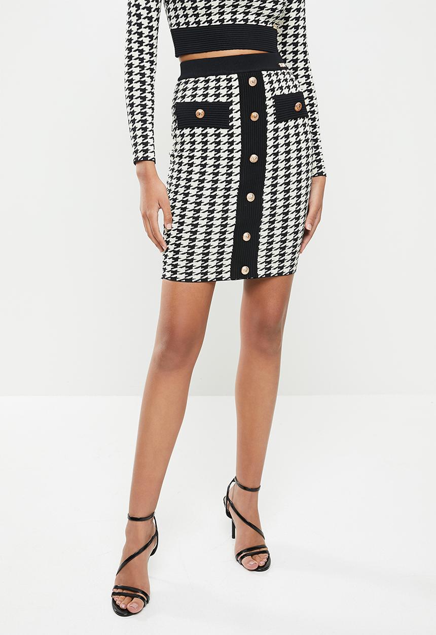 SISSY BOY - Tivola: houndstooth lurex midi skirt with buttons - black & gold