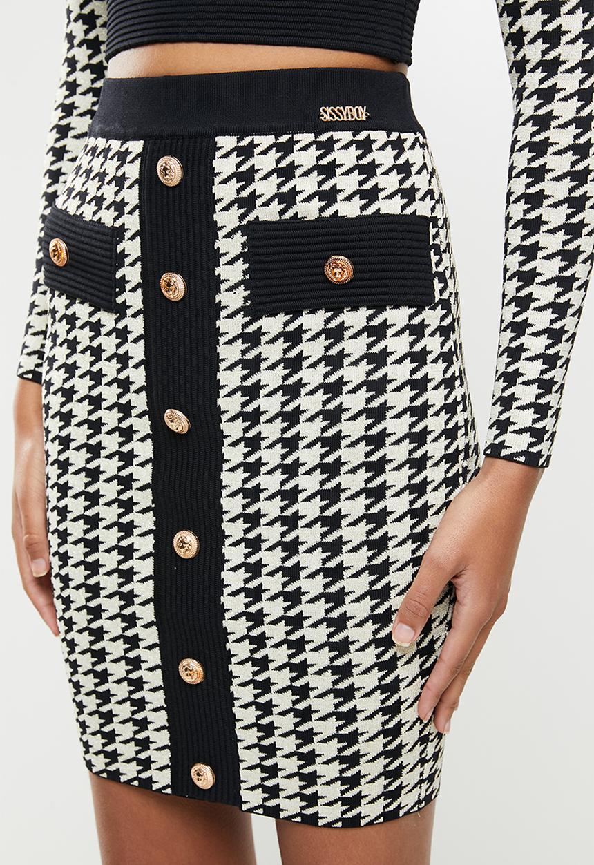 SISSY BOY - Tivola: houndstooth lurex midi skirt with buttons - black & gold