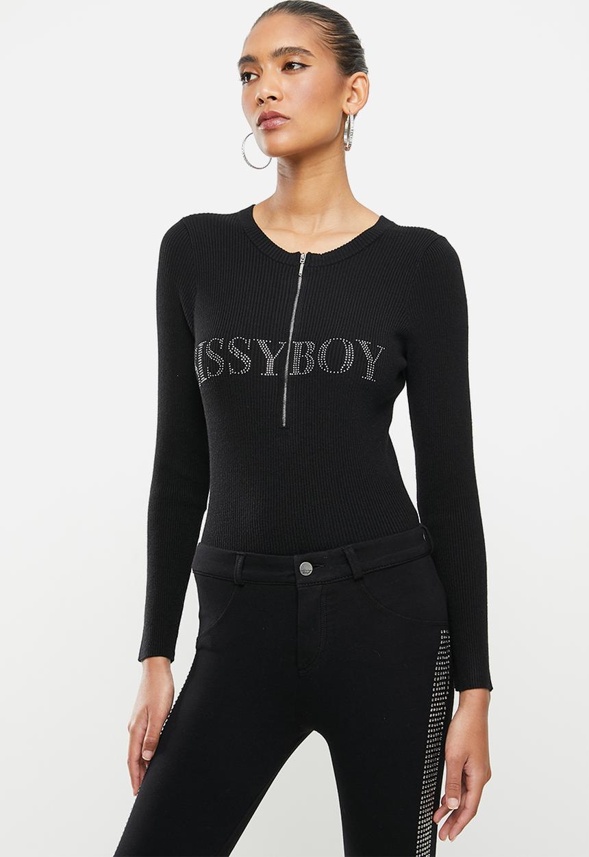 SISSY BOY - Azalea: basic crew neck knit with front neck zip detail and bling logo - black