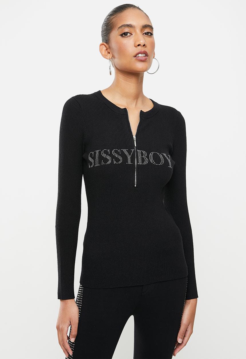 SISSY BOY - Azalea: basic crew neck knit with front neck zip detail and bling logo - black