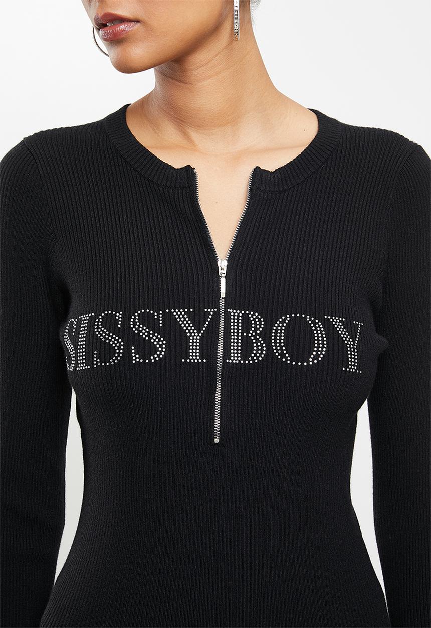 SISSY BOY - Azalea: basic crew neck knit with front neck zip detail and bling logo - black
