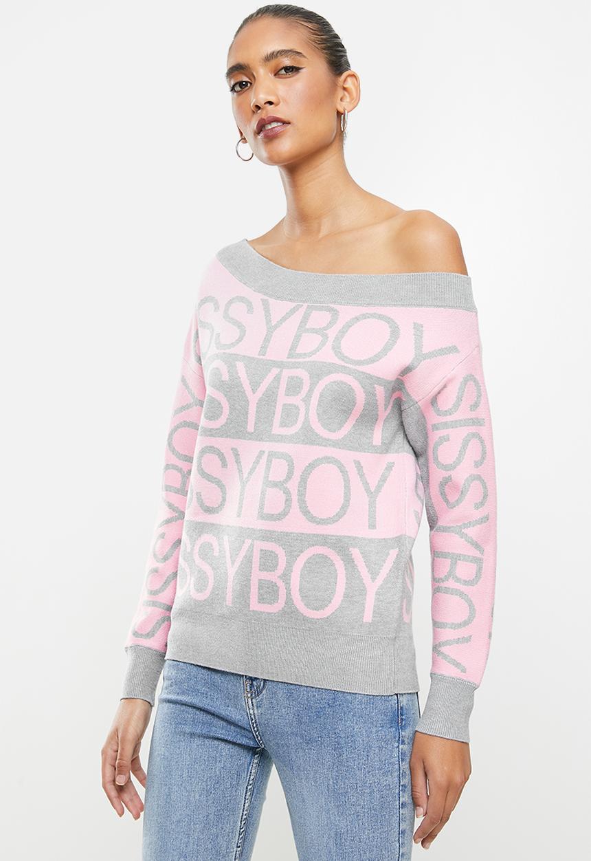 SISSY BOY - Rekon: off the shoulder monchrome logo knitwear - pink & grey