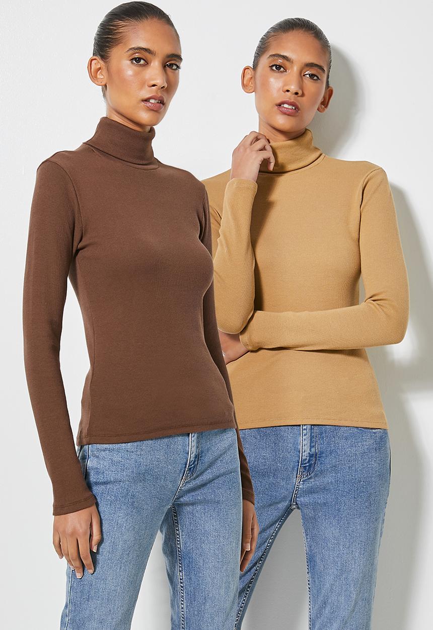Superbalist - 2-pack lycra rib poloneck tops - brown & tan