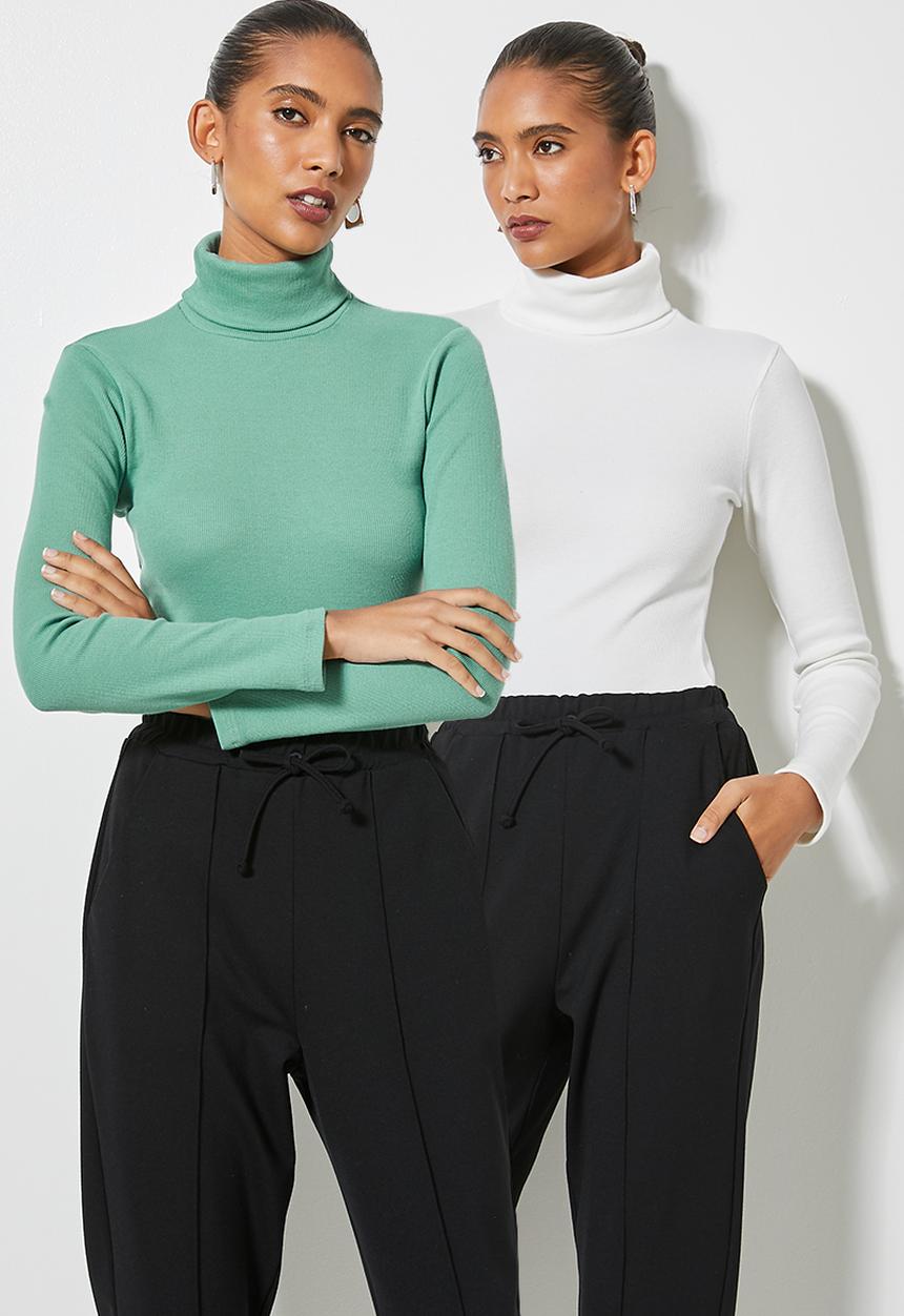 Superbalist - 2-pack lycra rib poloneck tops - white & green