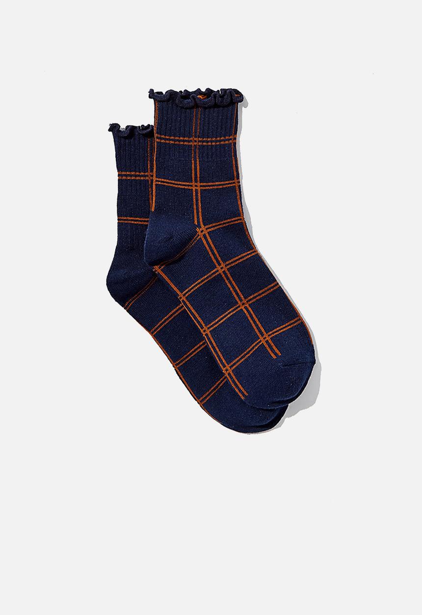 Cotton On - Frill ribbed quarter crew sock - eclipse check