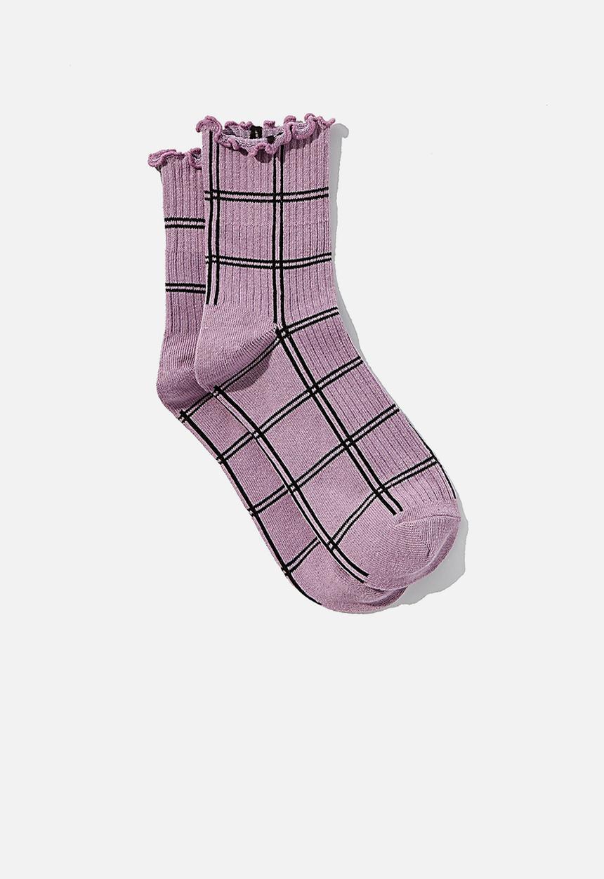 Cotton On - Frill ribbed quarter crew sock - soft mauve check