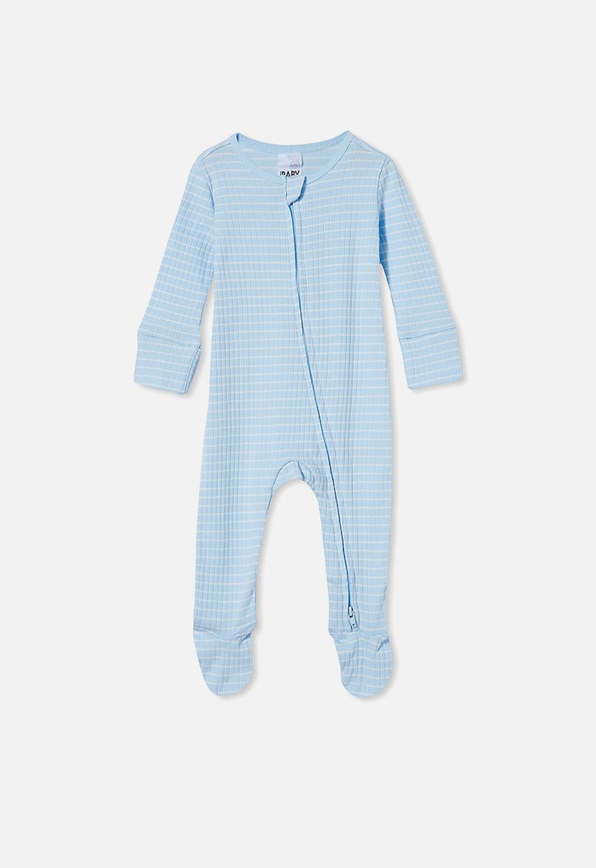 Cotton On - Organic newborn zip through romper - blue & white 