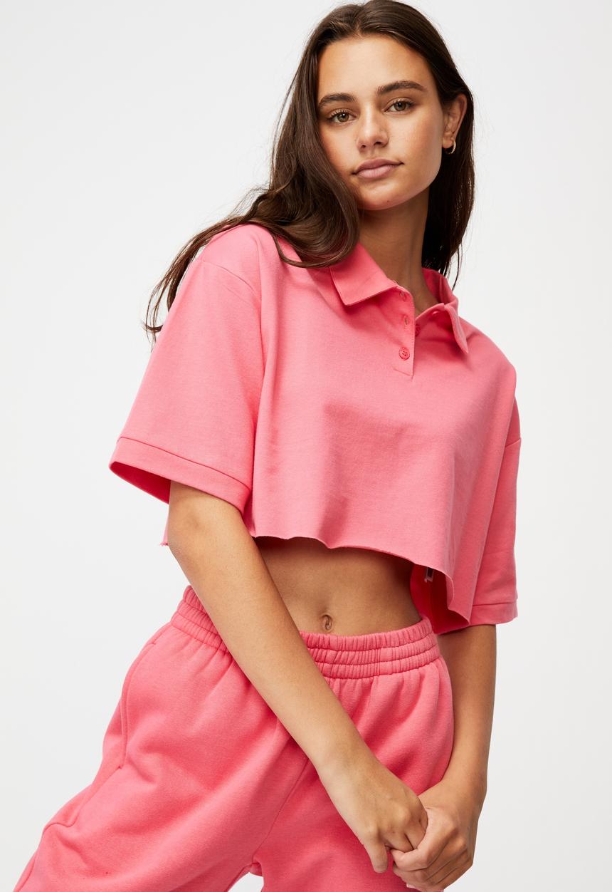 Factorie - Short sleeve crop polo top - honeysuckle
