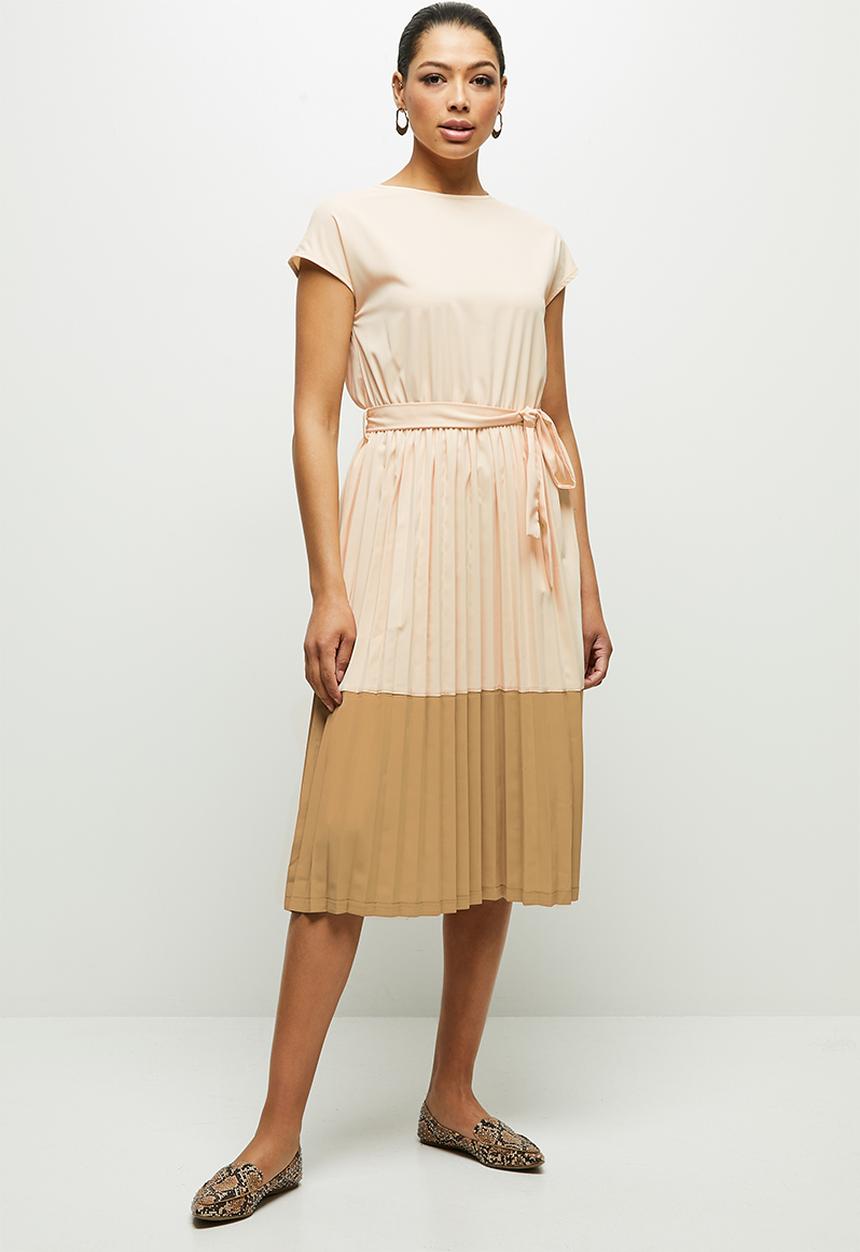 edit - Pleated combo dress dress - beige