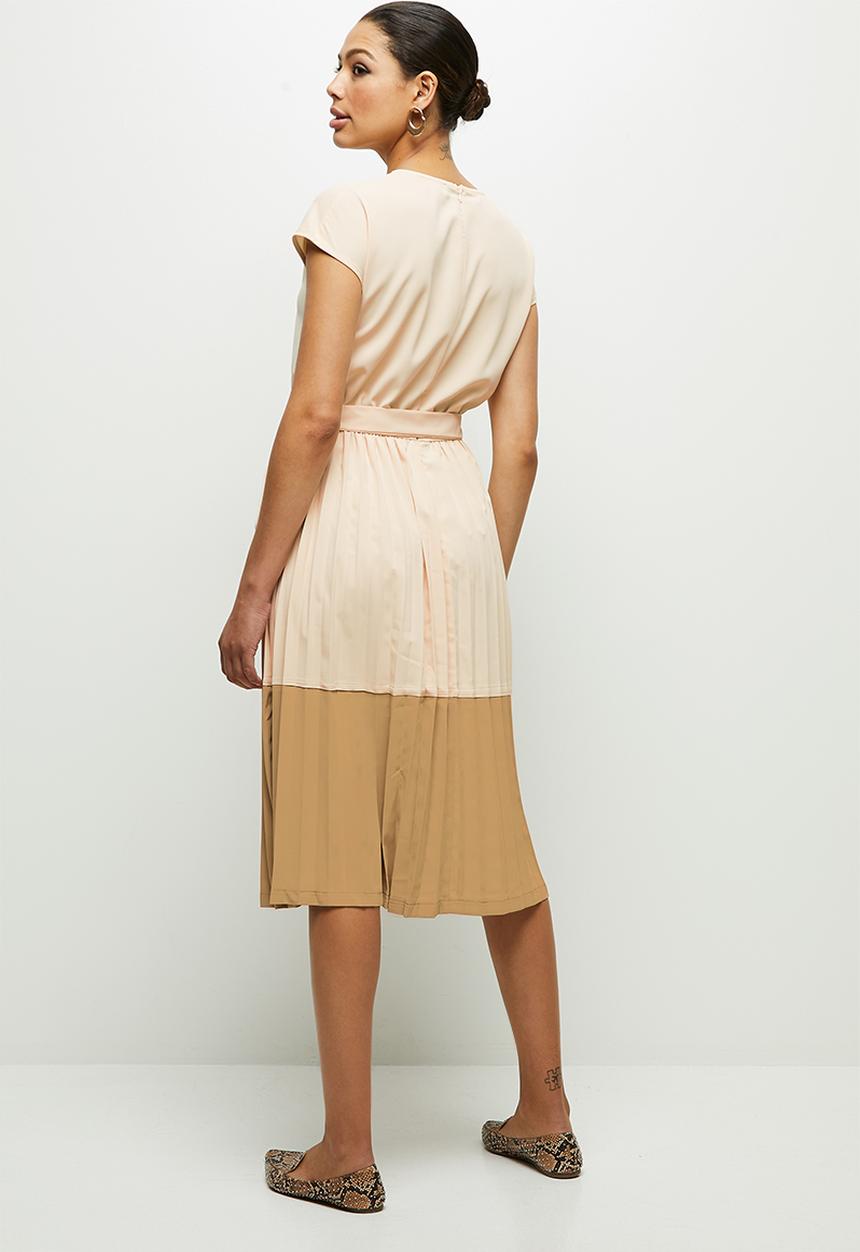 edit - Pleated combo dress dress - beige