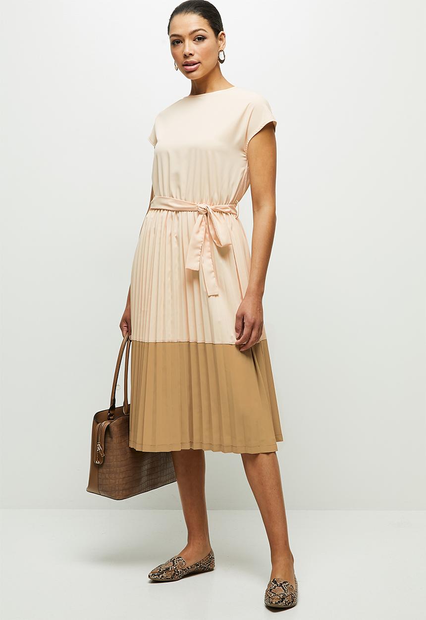 edit - Pleated combo dress dress - beige