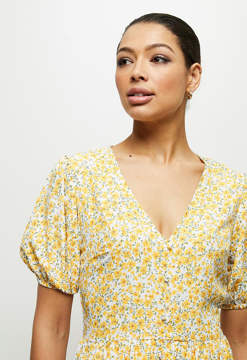 edit - Puff sleeve tiered maxi dress - yellow