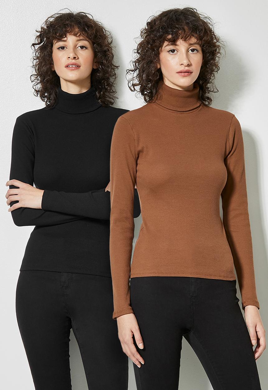 Superbalist - 2 Pack lycra rib poloneck tops - tobacco & black