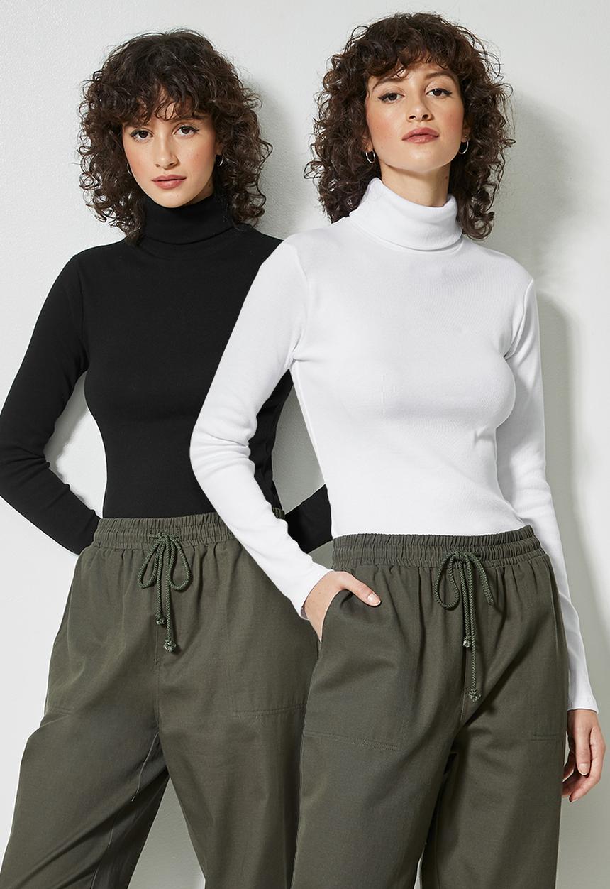 Superbalist - 2 Pack lycra rib poloneck tops - black & white