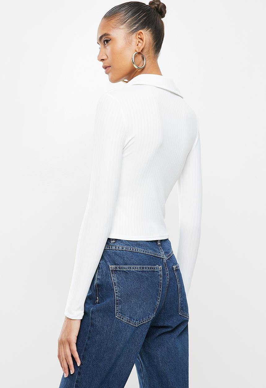 Blake - Rib polo top - white