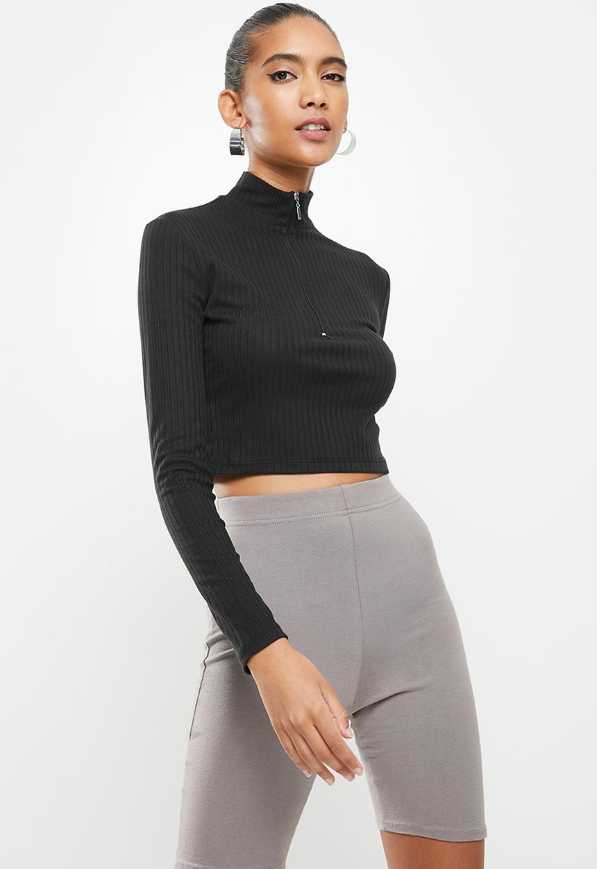 Blake - Zip up rib crop top - black