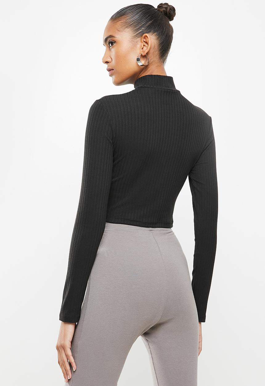 Blake - Zip up rib crop top - black