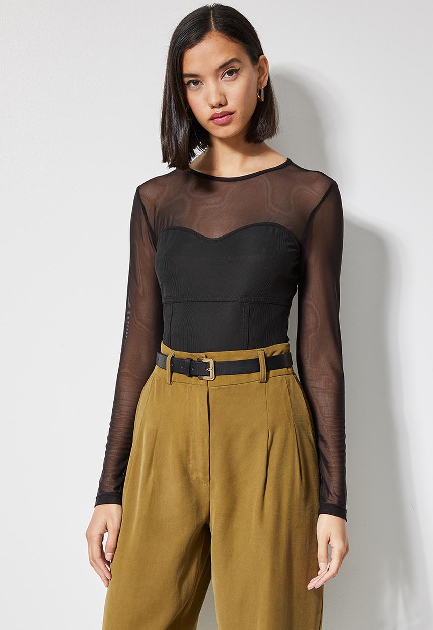 VELVET - Sculpted corset mesh combo bodysuit - black