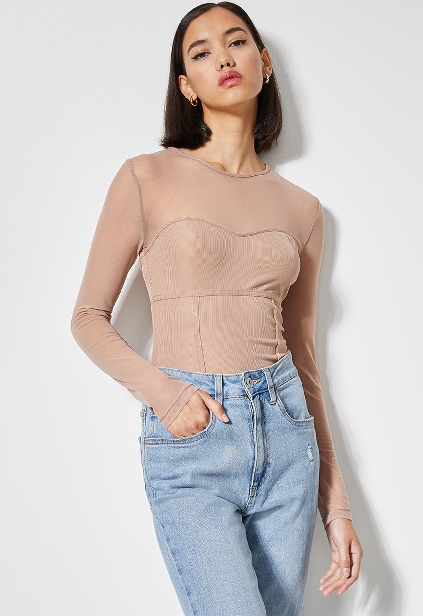 VELVET - Sculpted corset mesh combo bodysuit - dusty pink