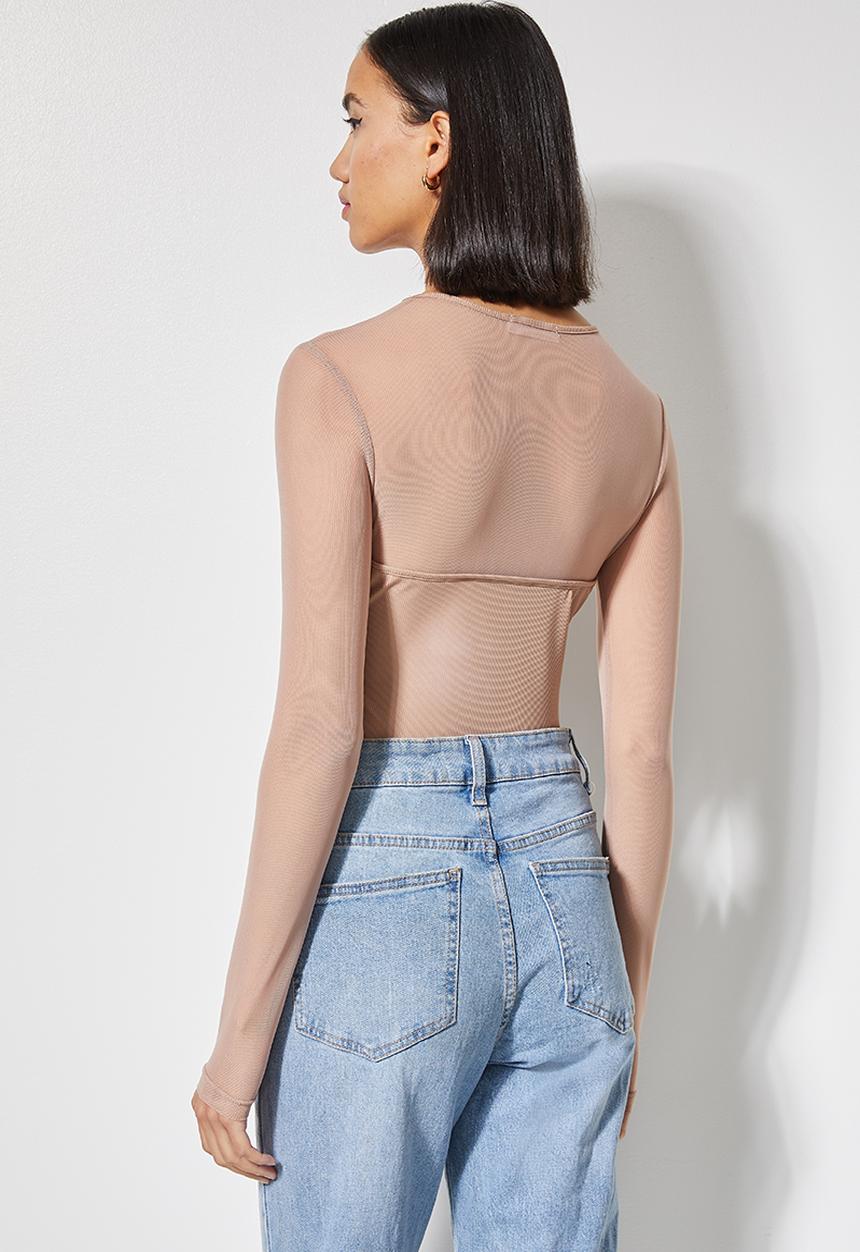 VELVET - Sculpted corset mesh combo bodysuit - dusty pink
