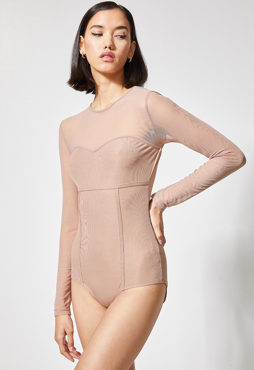 VELVET - Sculpted corset mesh combo bodysuit - dusty pink