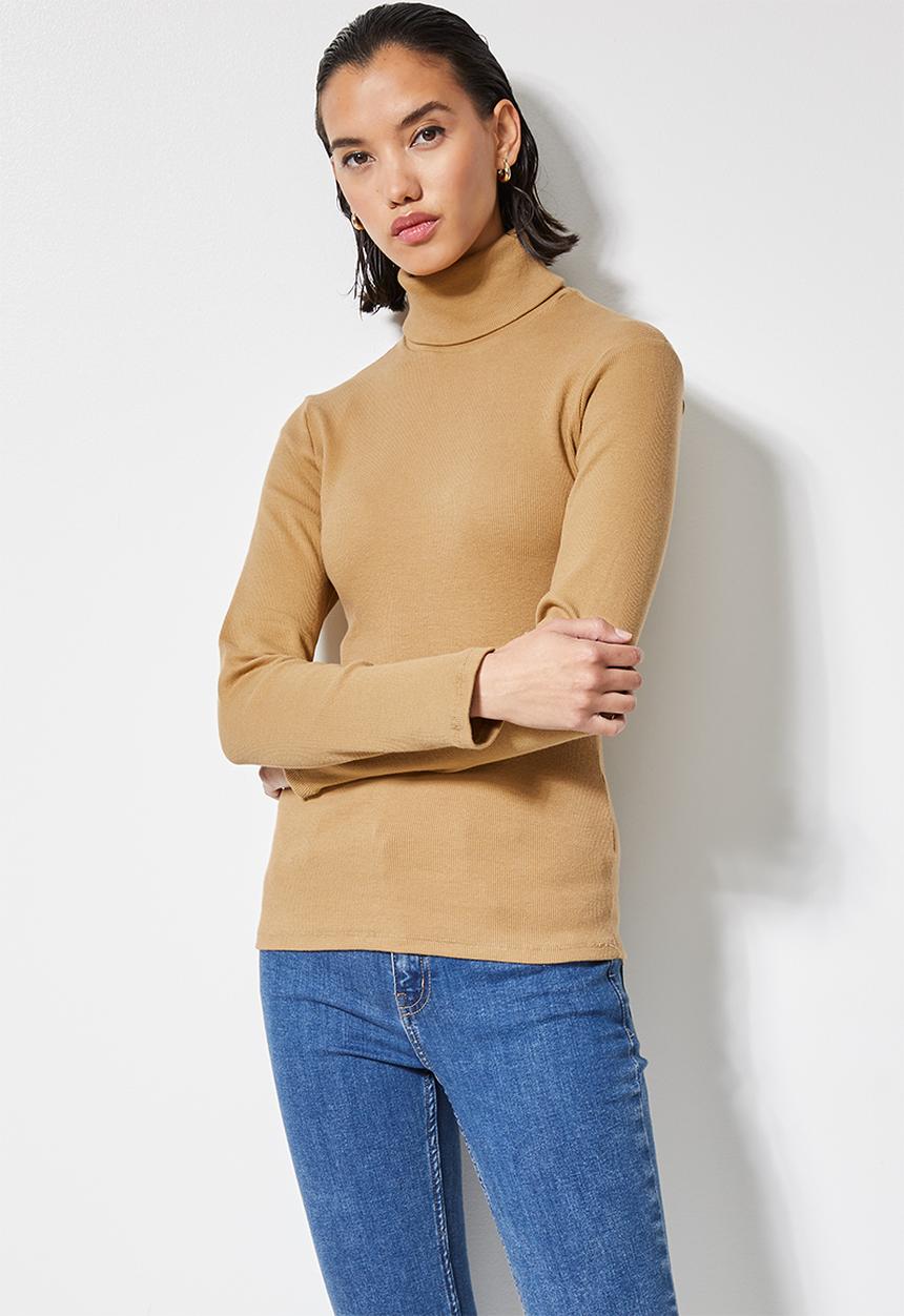 Superbalist - Lycra rib poloneck top - toffee