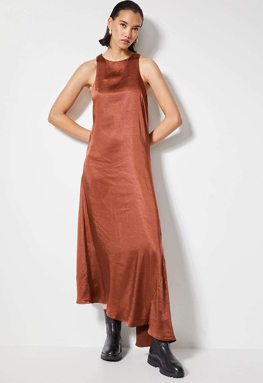 Superbalist - Hi neck satin trapeze dress - bronze