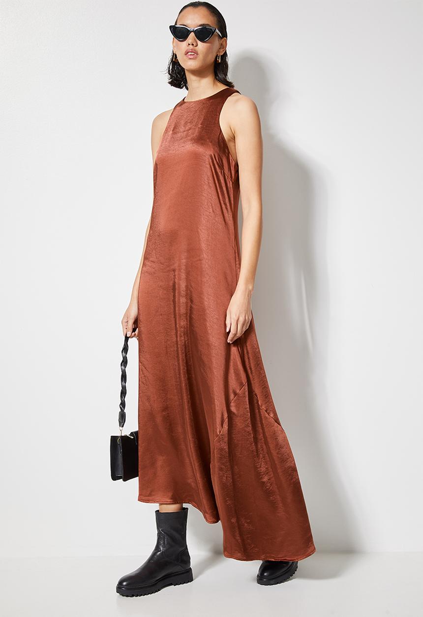 Superbalist - Hi neck satin trapeze dress - bronze