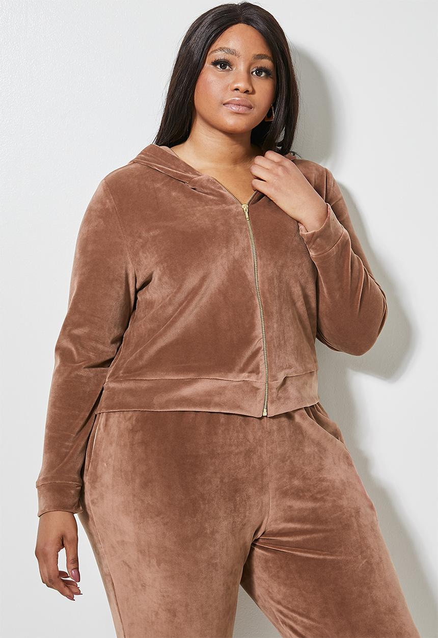 VELVET - Plush velvet zip through hoodie - mink