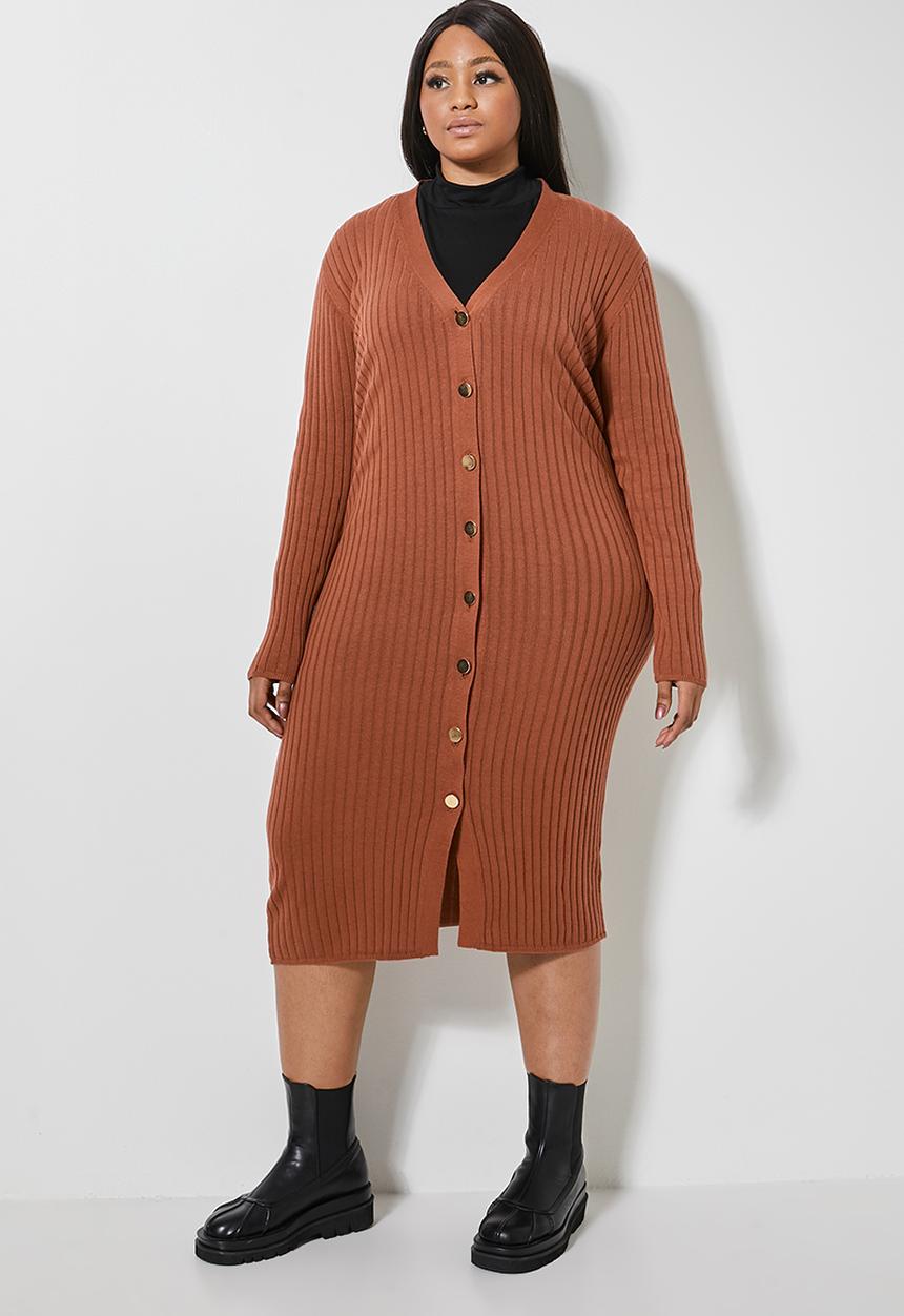 Superbalist - Rib button through dress - tobacco