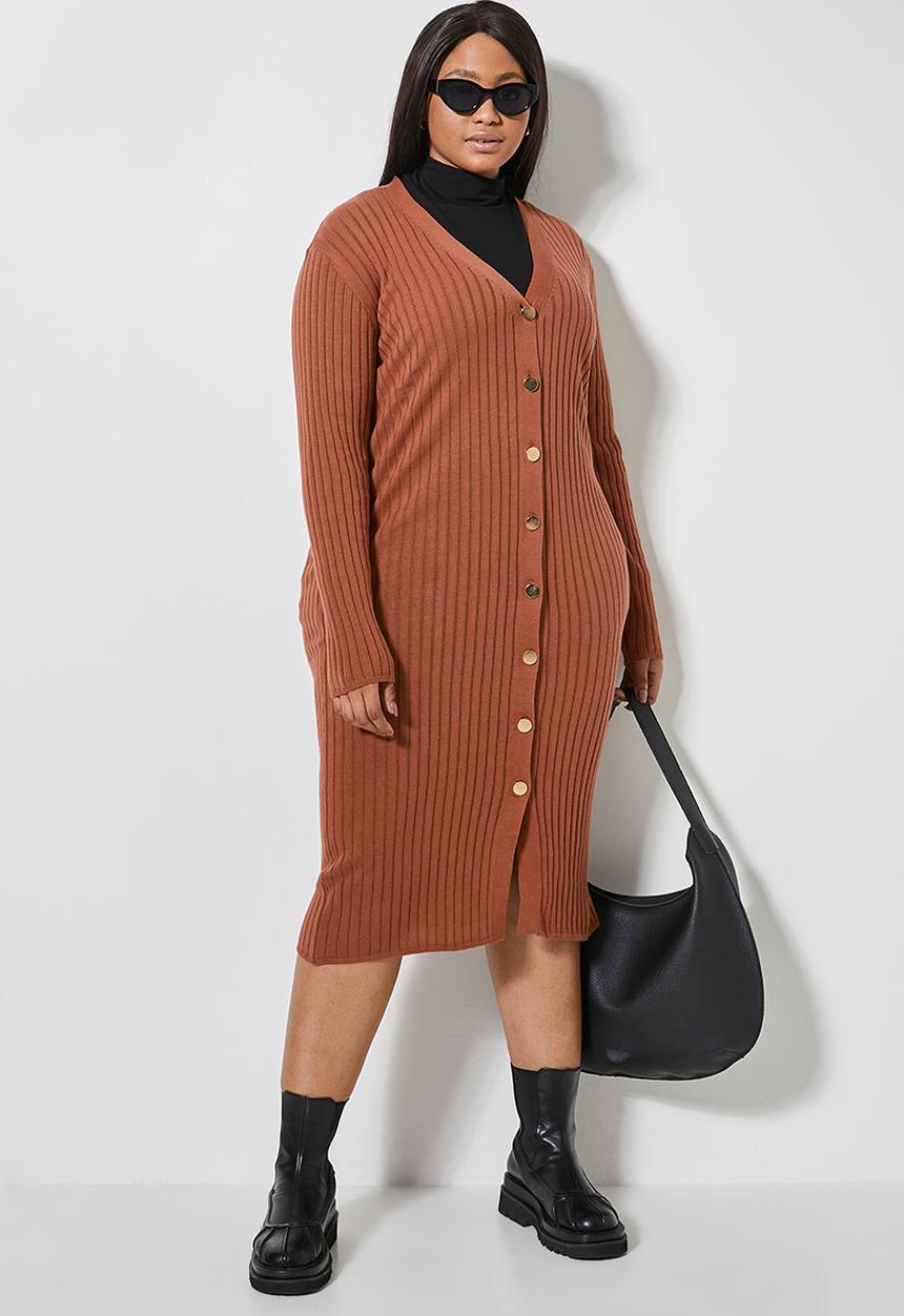 Superbalist - Rib button through dress - tobacco