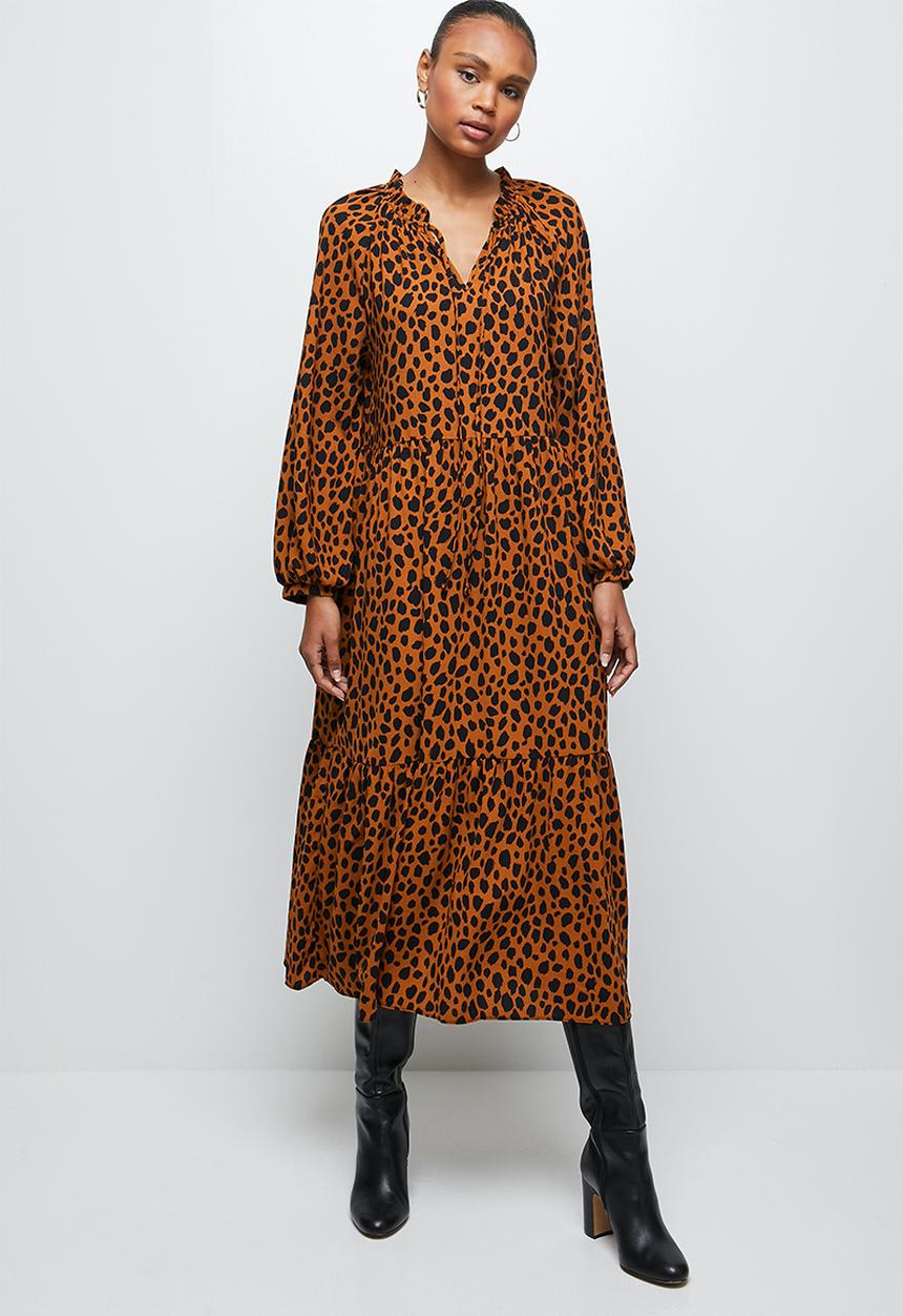 MILLA - Piecrust neck pleated midi dress-  bombay brown spot