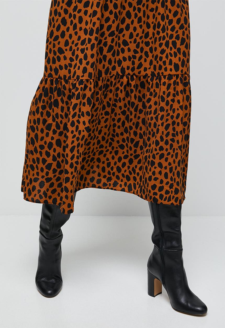 MILLA - Piecrust neck pleated midi dress-  bombay brown spot