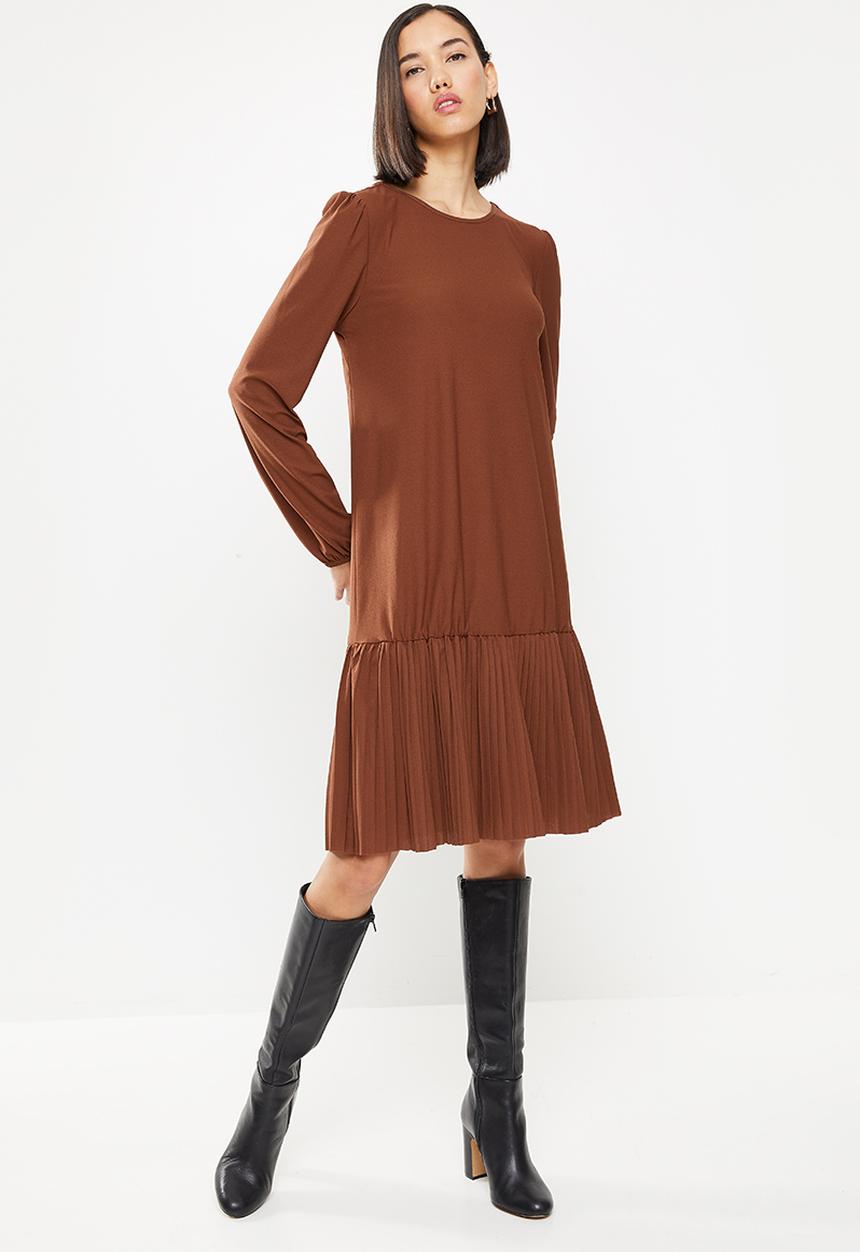 Jacqueline de Yong - Paris long sleeve plisse dress - brown 