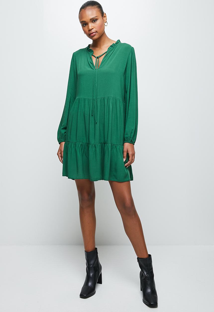 MILLA - Peached woven piecrust tiered midi dress - green 