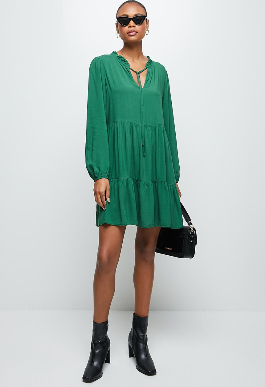 MILLA - Peached woven piecrust tiered midi dress - green 