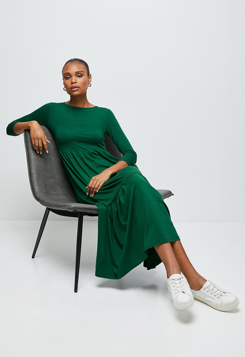 edit - Round neck tiered frill midi - dark green