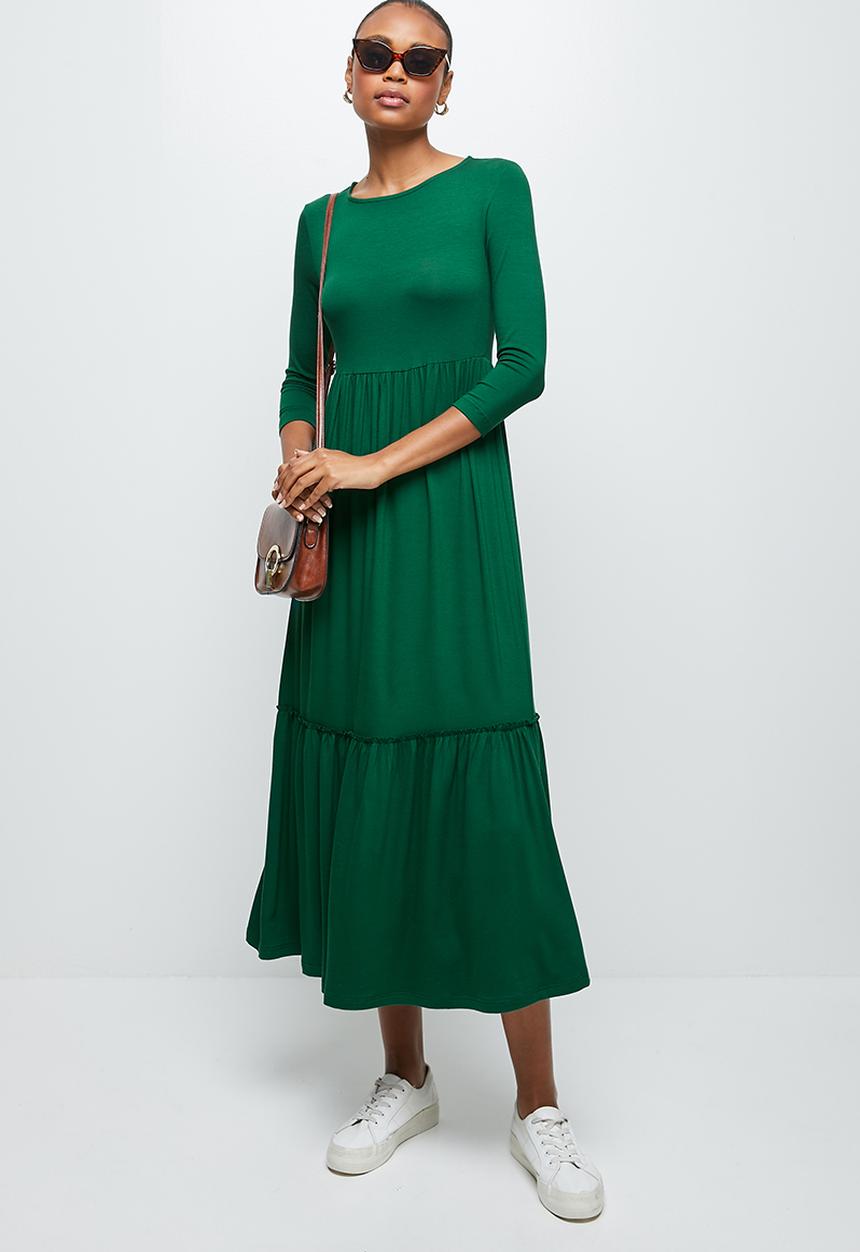 edit - Round neck tiered frill midi - dark green