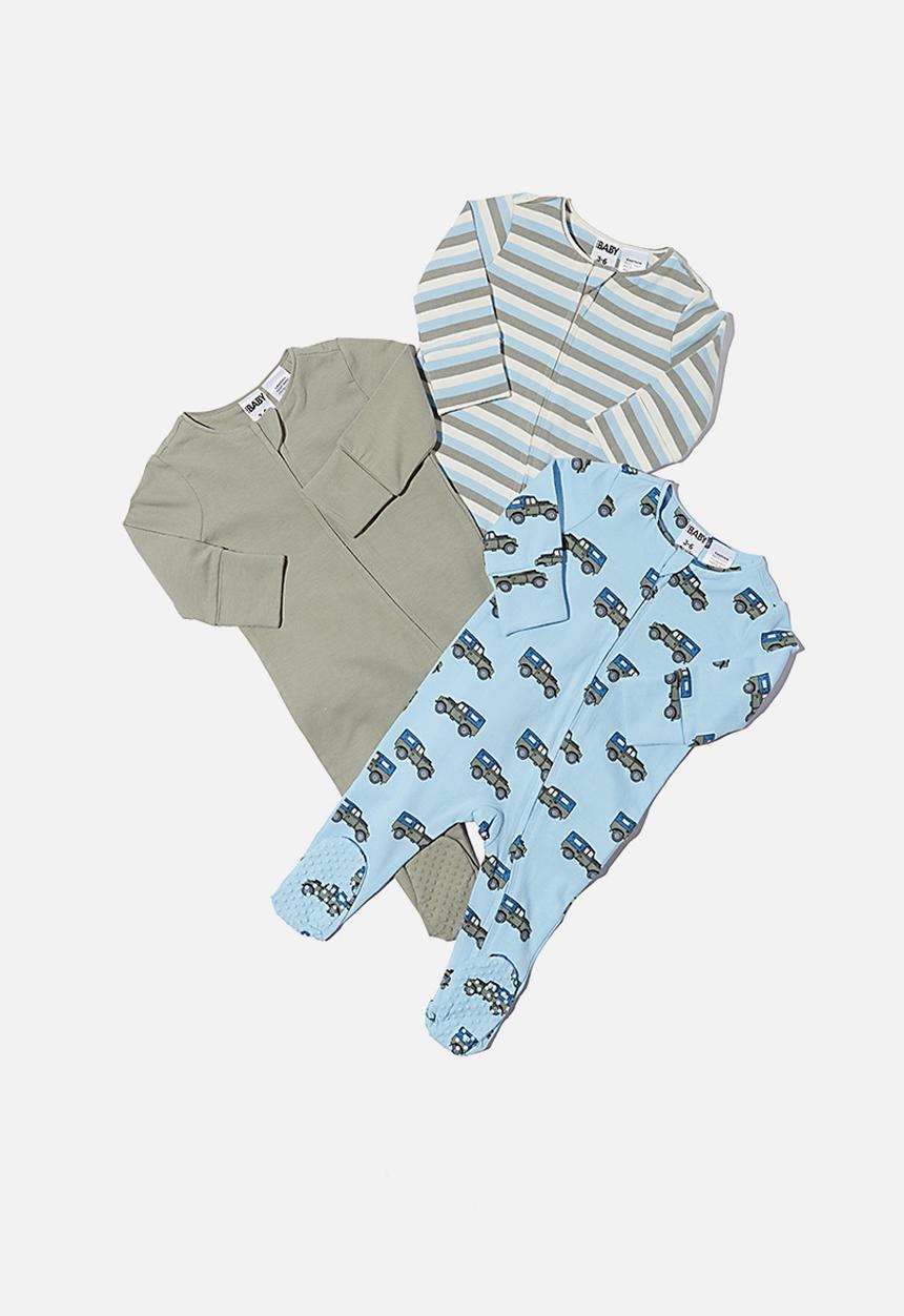 Cotton On - 3 Pack long sleeve zip romper - beep beep/silver sage/keanan stripe
