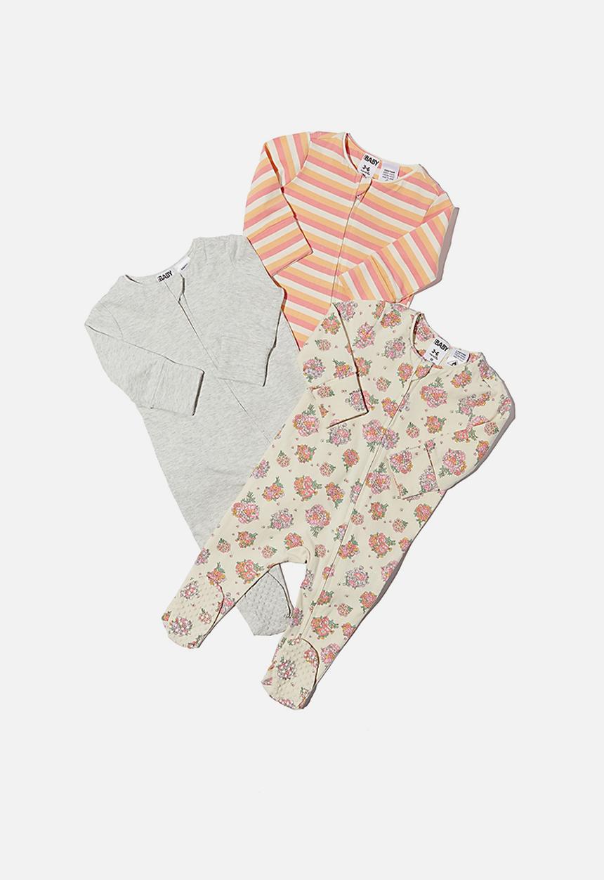 Cotton On - 3 pack long sleeve zip romper - petunia floral/cloud marle/keanan stripe