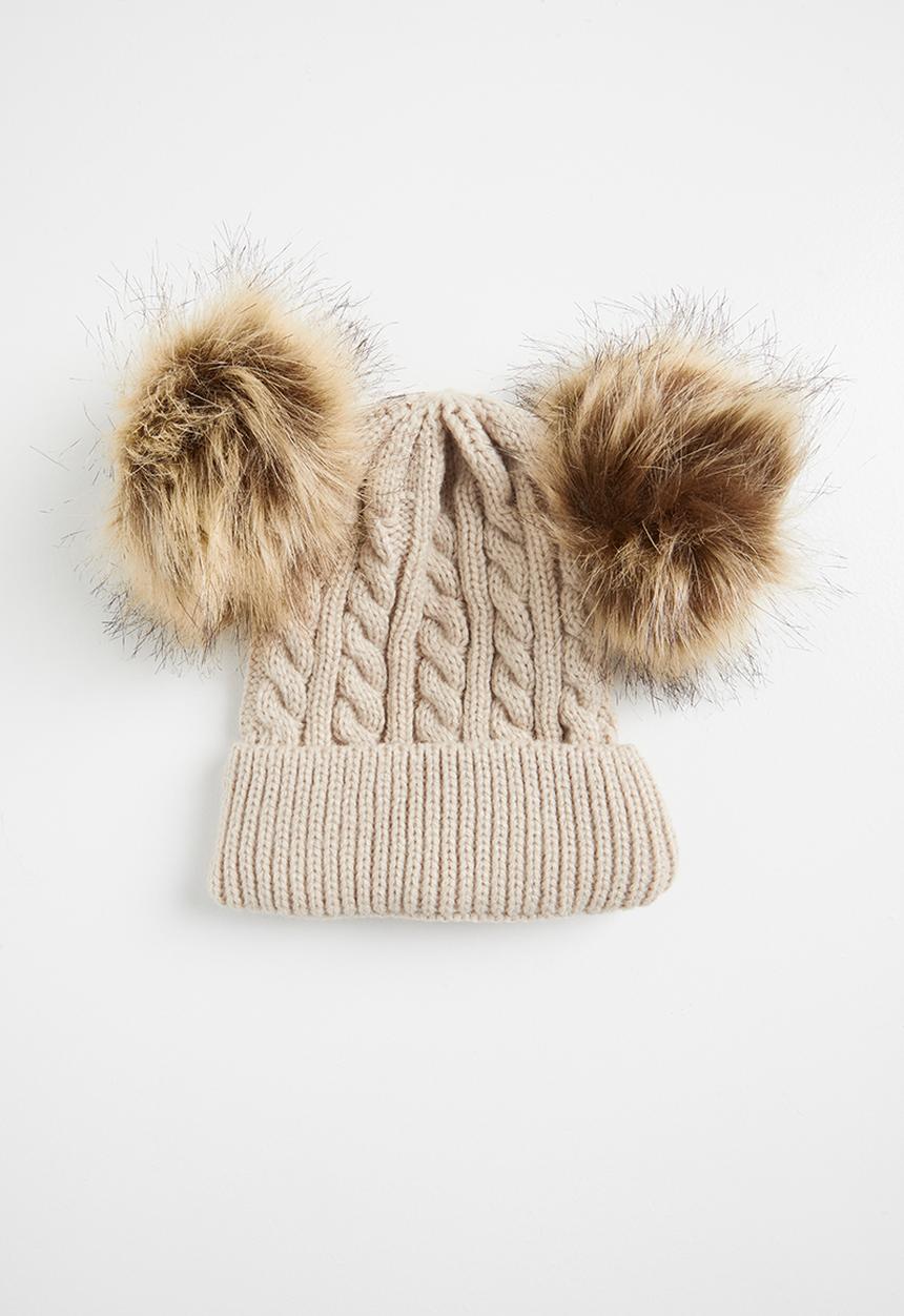 Baby Star - Double faux fur pom pom beanie - beige