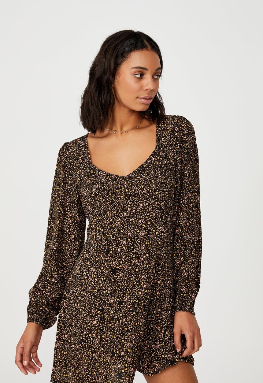 Cotton On - Woven long sleeve essential tie back tea dress - ashley ditsy black