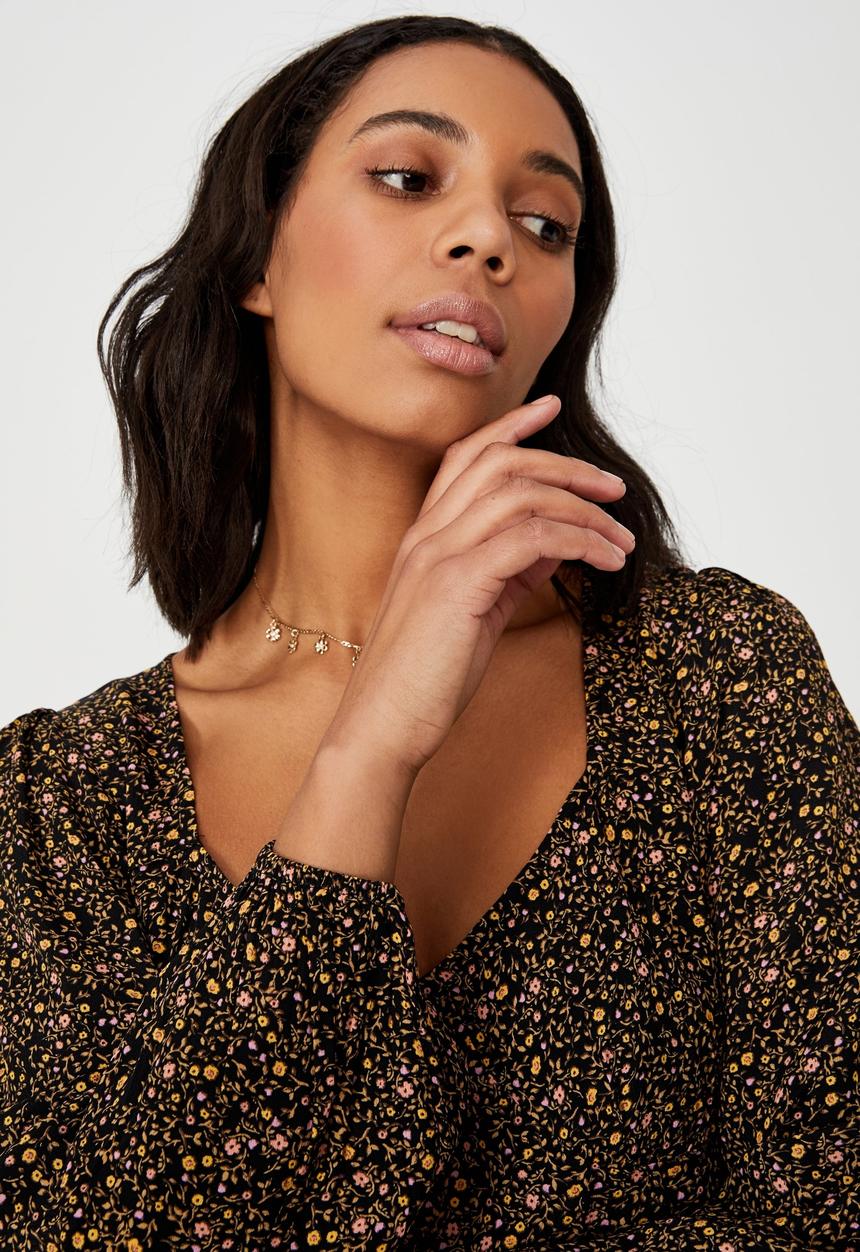 Cotton On - Woven long sleeve essential tie back tea dress - ashley ditsy black